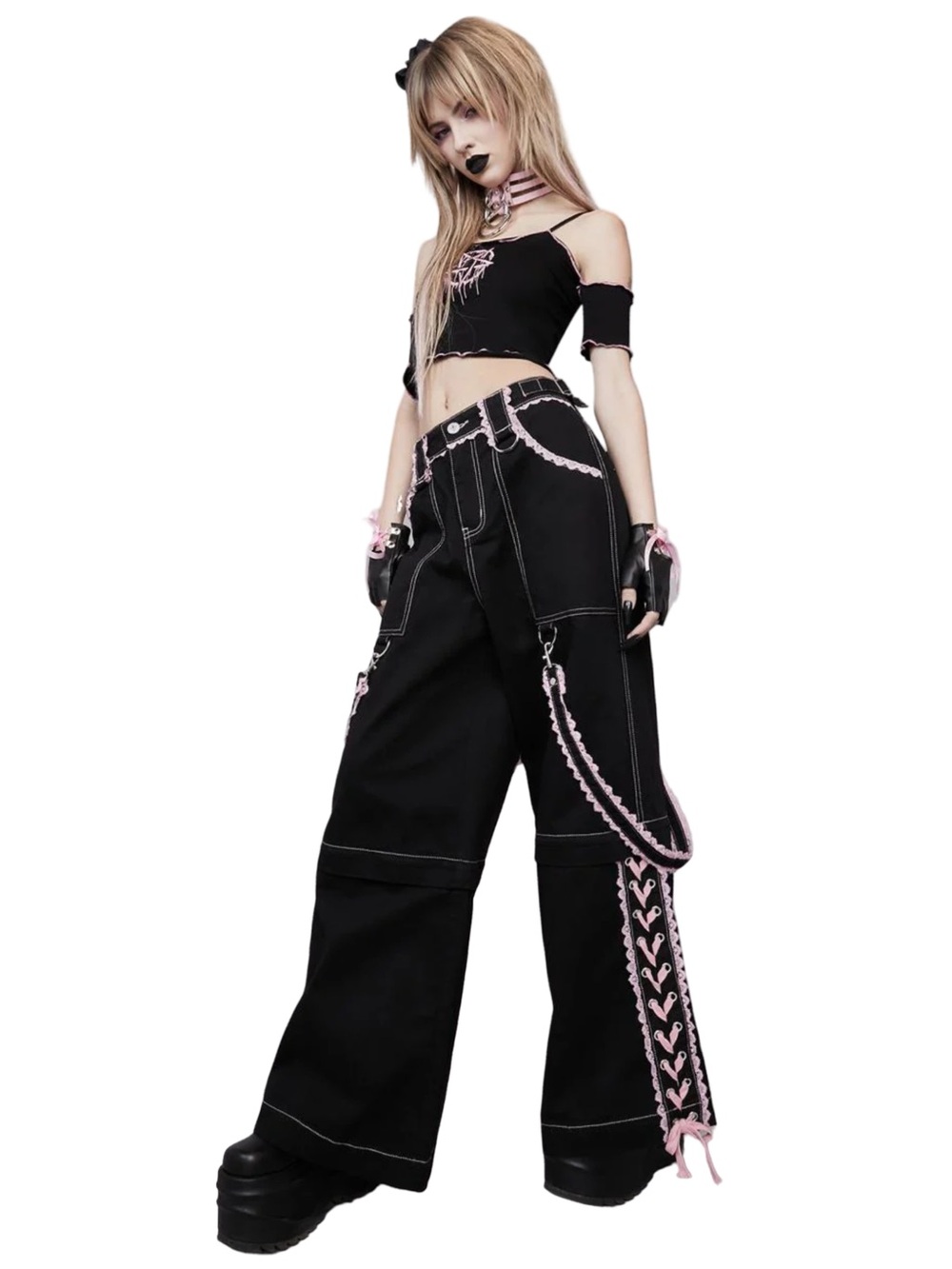 Widow Frilly Convertible Wide Leg Pants Black Pink Medium Goth Punk Emo Coquette